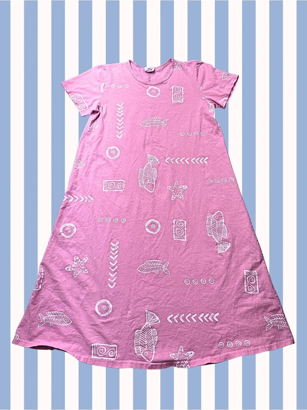 Jostar - Wonen's Pink Short-Sleeve Dress with Fish and Starfish - Size M